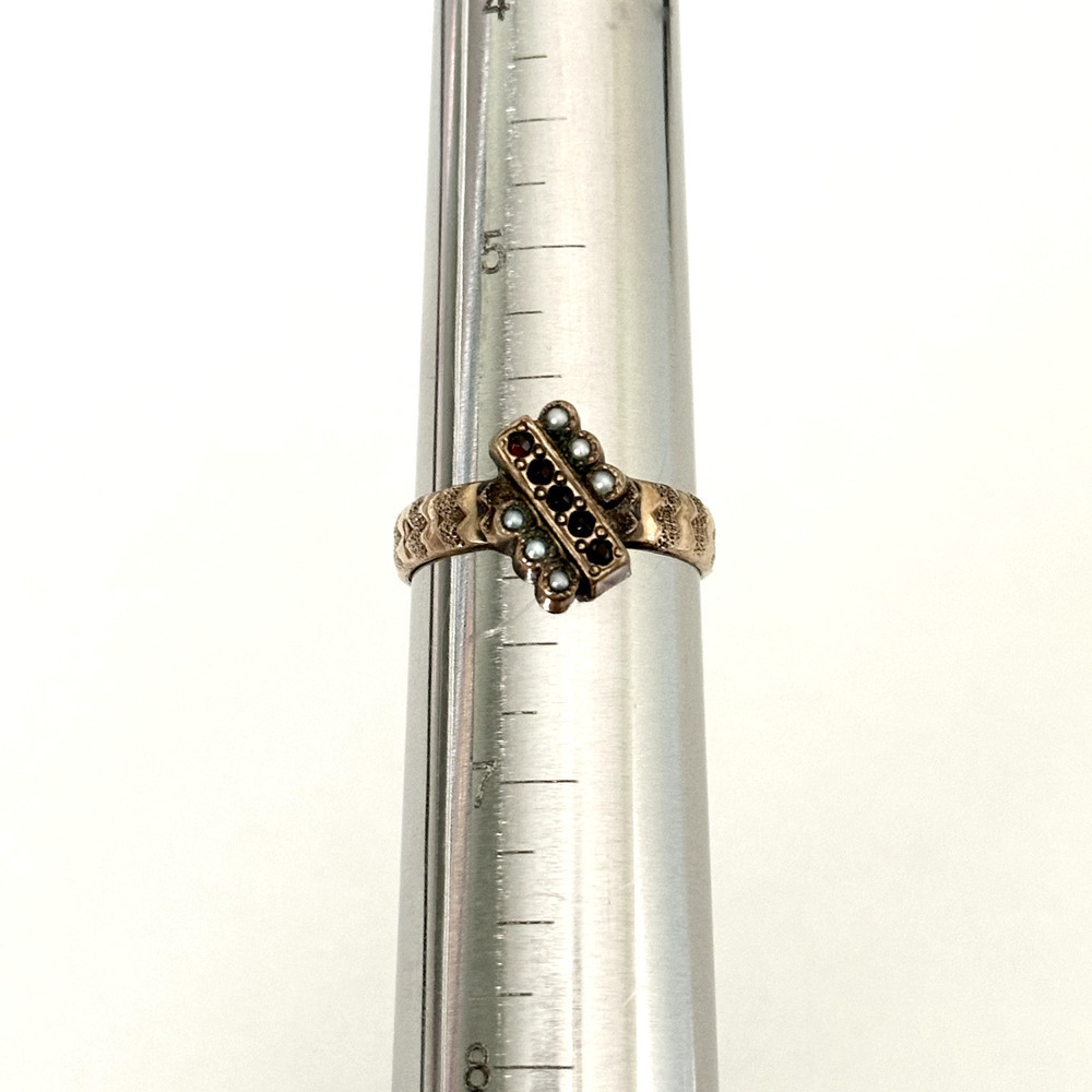 Antique Victorian 14K Yellow Gold Garnet & Seed Pearl Ring Size 6 - Picture 5 of 12